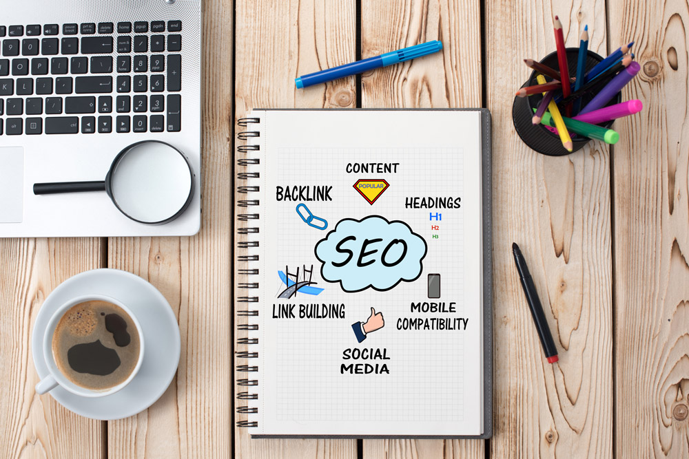 SEO schematics on a notepad staged on the table with desk accessories.